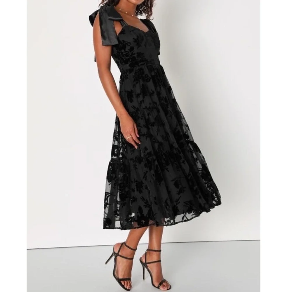 NWT Lulus Sweet Essence Black Floral Burnout‎ Velvet Tie-Strap Midi Dress XL